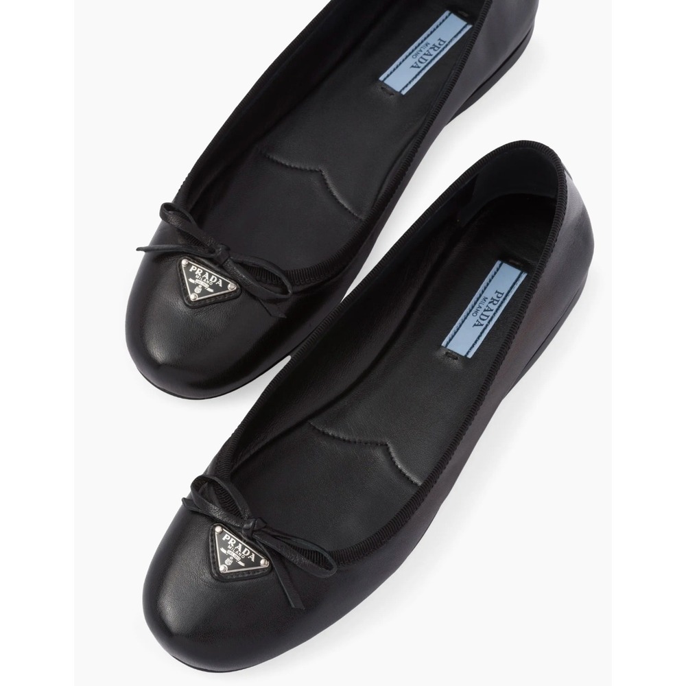 Prada Nappa Leather Black Ballet Flats Ballerinas Bow Sz 7 Quiet Luxury Classic